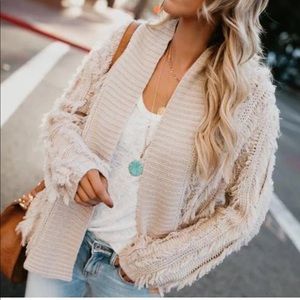 Vici Cream Textured Open Front Fringe Cardigan Sweater
